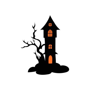 Perili ağaçlı perili ev Cadılar Bayramı vektör çizimi.