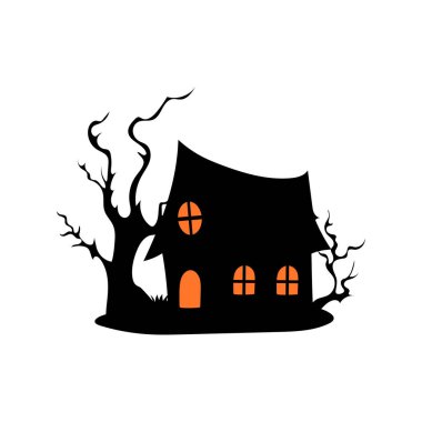 Perili ağaçlı perili ev Cadılar Bayramı vektör çizimi.
