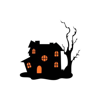 Perili ağaçlı perili ev Cadılar Bayramı vektör çizimi.