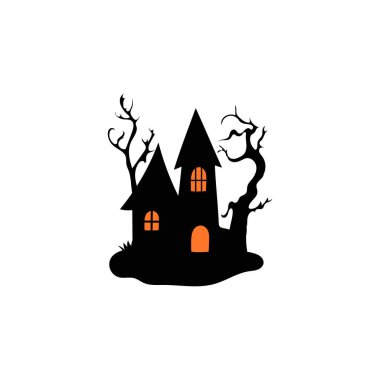 Perili ağaçlı perili ev Cadılar Bayramı vektör çizimi.