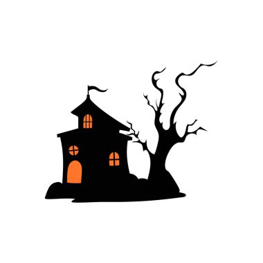 Perili ağaçlı perili ev Cadılar Bayramı vektör çizimi.