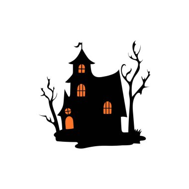 Perili ağaçlı perili ev Cadılar Bayramı vektör çizimi.