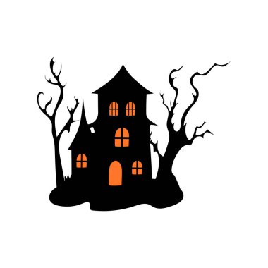 Perili ağaçlı perili ev Cadılar Bayramı vektör çizimi.