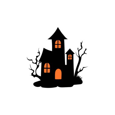 Perili ağaçlı perili ev Cadılar Bayramı vektör çizimi.