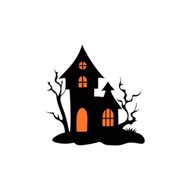 Perili ağaçlı perili ev Cadılar Bayramı vektör çizimi.