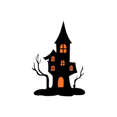 Perili ağaçlı perili ev Cadılar Bayramı vektör çizimi.