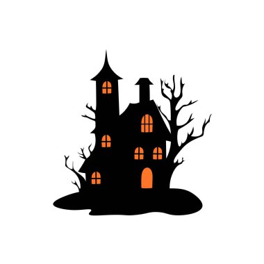 Perili ağaçlı perili ev Cadılar Bayramı vektör çizimi.