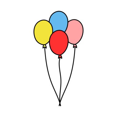 Doğum günlerinde balon tarzı balonlar ve partiler için balonlar ip ile uçar. beyaz arkaplanda izole edilmiş toplar. Kutlamalar ve kutlamalar için düz simgeler.