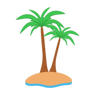 Palmiye ağaçları, kumlu plajları, hindistan cevizi ağaçları olan tropik bir ada.