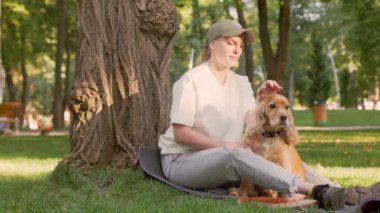 Genç bir kadın parktaki çimlerin yanında köpeğiyle oturur ve onu okşar. İngiliz Cocker Spaniel 'i ile Dışarıda Güneş Işığında Yürüyen Kız