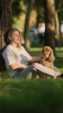 Genç Kadın Şehir Parkı 'ndaki çimlerde İngiliz Cocker Spaniel Köpeğiyle Oynuyor ve Eğleniyor. Evcil hayvanıyla gezen Çekici Kız