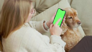 Genç Kadın, rahat odasında evcil köpeğiyle otururken ekranda akıllı bir telefon kullanıyor.