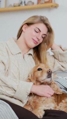 Genç bir kadın evcil köpeğini koltukta rahat bir odada okşuyor. Evcil Hayvan ve Kadın Oturma Odasında Rahatlayın ve Dinlenin