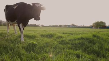Komik inek kameraya doğru yürüyor. Meadow 'da mandıra otlatma. Otlaktaki Sığırlar