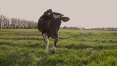  Komik inek kameraya doğru yürüyor. Meadow 'da mandıra otlatma. Otlaktaki Sığırlar