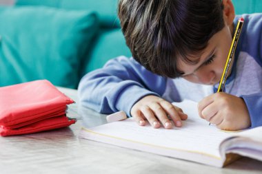 Çocuk evde ödevini yapıyor, yatay olarak.
