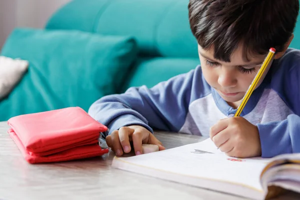 stock image Boy doing homework at home, horizontal