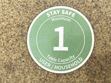 Social Distancing sign. Stay Safe. Maximum table capacity. One user or household warning sign