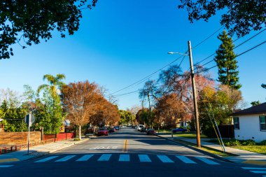 Ağaçlarla, park edilmiş arabalarla ve açık mavi gökyüzünün altında yaya geçidiyle dolu sessiz bir banliyö caddesi. Elektrik direkleri ve evler sahneyi çerçeveliyor.