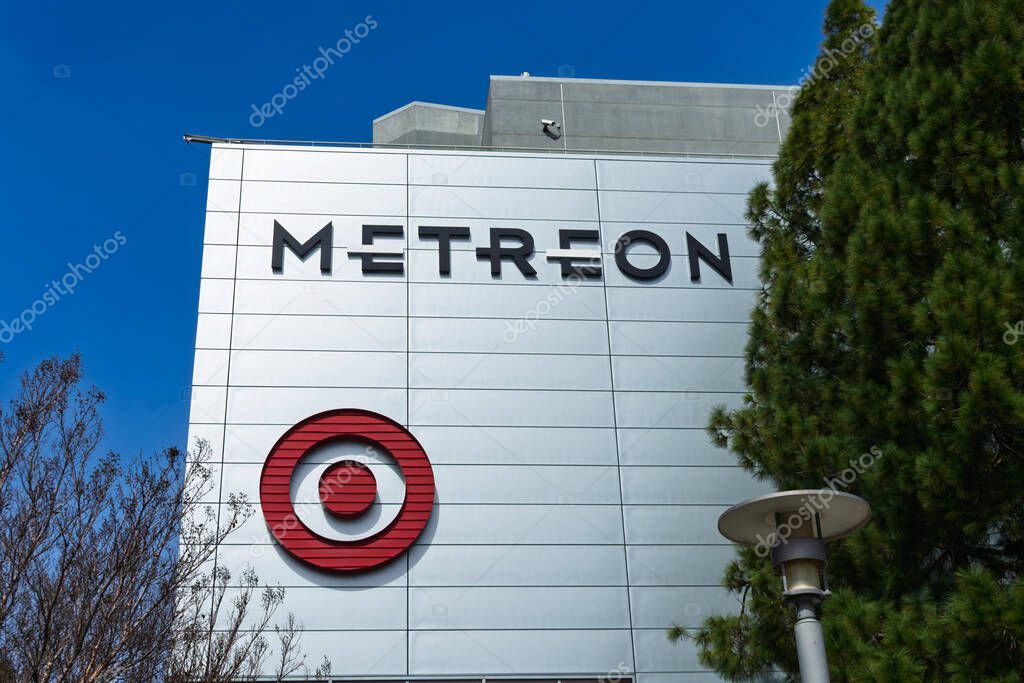 Metreon sign logo alongside Target logo on the facade of a shopping center - San Francisco, California, USA - March 15, 2025