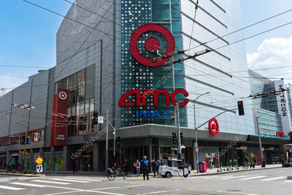 Target and AMC IMAX signage displayed on Metreon shopping center facade - San Francisco, California, USA - March 15, 2025