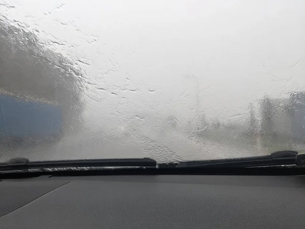 Driving Car Highway Torrential Rain Weather Windshields Trying Clean Window — Stock Photo, Image