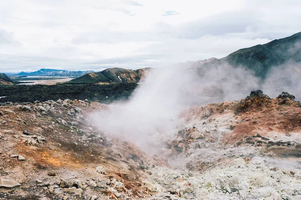 View of volcanic landscape in Iceland on a cloudy day