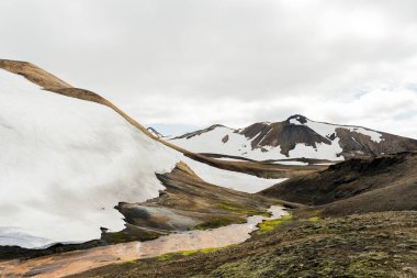 View of landscape in Iceland on cloudy day during famous Laugavegur trail