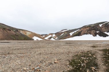 View of landscape in Iceland on cloudy day during famous Laugavegur trail
