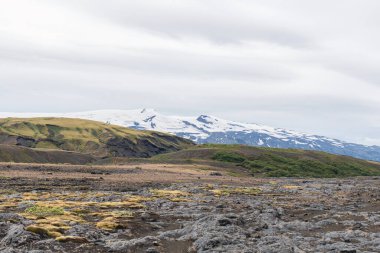 View of amazing landscape in Iceland with glacier in the back. Hiking Laugavegur trail
