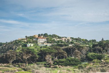 Ağaçlarla kaplı bir tepenin üzerindeki apartmanların dışında.