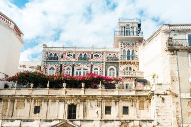 Lizbon 'un Alfama ilçesindeki Chafariz d' el Rei Sarayı balkonunda çiçek açan kırmızı çiçeklerle