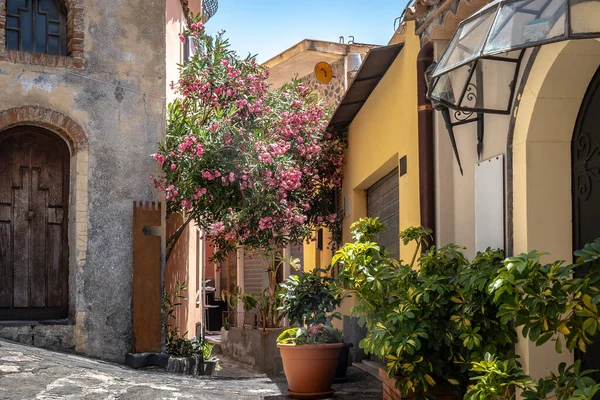 Vista Una Hermosa Ciudad Castelmola Sicilia Arquitectura Edificios Con Plantas — Foto de Stock