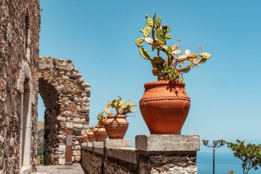 Castelmola, Sicilya 'dan Akdeniz manzaralı. Önünde seramik saksı bitkisi