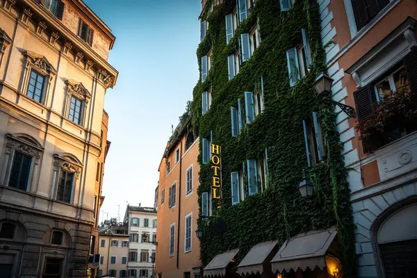 Hotel building wall covered with green ivy with windows and shutters. Facade of a building in Italy