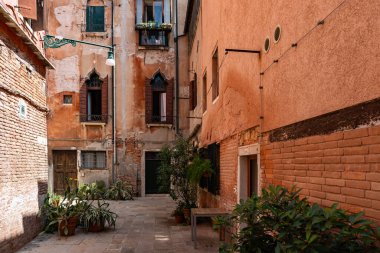 Venedik, İtalya 'da saksı bitkileri olan binalar. Büyüleyici yaşlı, yıpranmış, kepenkli bir yüz..