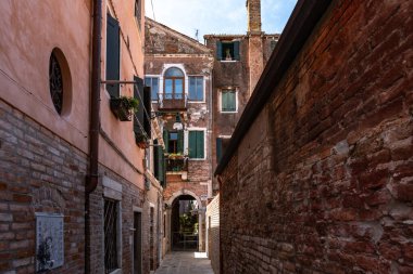 Venedik 'te saksı bitkileri olan binalar. Panjurlarla büyüleyici bir görünüş. Asfalt kaldırım