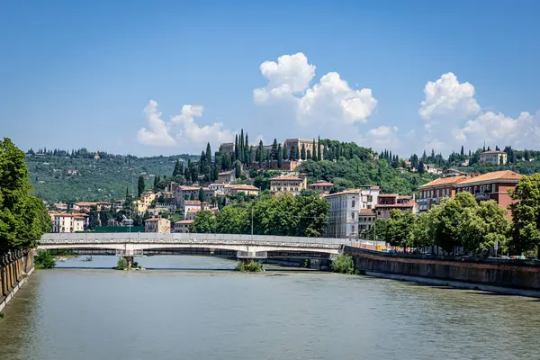 San Pietro Verona İtalya 'da selvi ağaçlarıyla dolu bir tepede. İtalya, Verona 'daki Adige Nehri