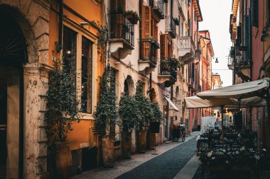 İtalya, Verona 'da saksı bitkileri olan binalar. Büyüleyici, eski, yıpranmış, kepenkli bir yüz.