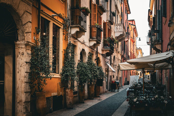 Buildings with potted plants in Verona, Italy. Charming, old weathered facade with shutters