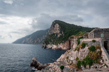 Rocky cliff kısmen ağaçlarla kaplı. Liguria, İtalya 'da Portovenere