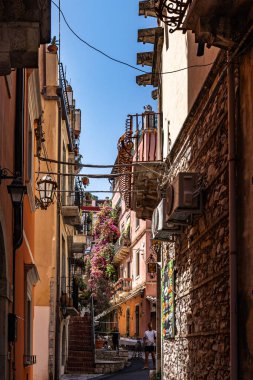 Roma, İtalya - 16 Temmuz 2023: Roma, İtalya 'da bir yaz günü, balkonlarda saksı bitkisi bulunan eski taş binaların manzarası