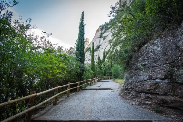 Tepeleri olan dolambaçlı bir yol ve uzak doğal bir yerde ahşap çitler.