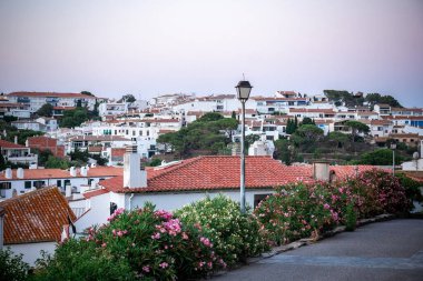 İspanya, Kadavra 'da Akdeniz mimari tarzı. Gün batımında palmiye ağaçları olan beyaz apartmanlar.