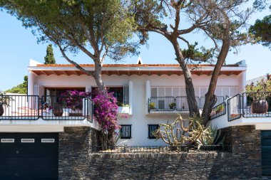 Cadaques, İspanya 'nın büyüleyici semtindeki beyaz binalardan dökülen canlı mor çiçekler.