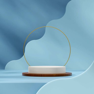 Beyaz ve kahverengi ahşap podyum. Altın yüzük ve mavi arka plan. 3D model.