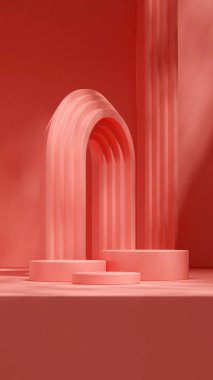 Arkaplanda kemer olan parlak pembe silindir podyumun üç boyutlu görüntüsünü görüntüle
