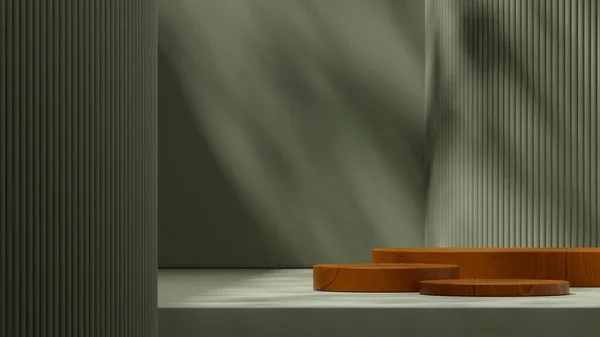 Renderizar Modelo Mockup Madeira Marrom Textura Pódio Paisagem Com Pilar — Fotografia de Stock