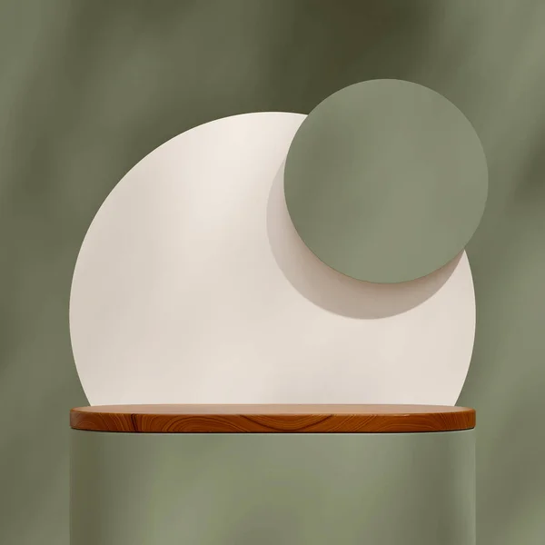 正方形の木の質感と緑の表彰台の白い円と緑の壁の3Dレンダリング空白のスペース — ストック写真