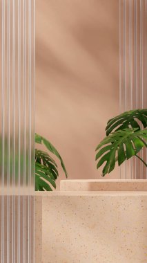 Kahverengi terrazzo desenli bir podyum, cam ve canavar bitkilerinden oluşan bir podyum, boş sahneyi canlandırıyor.